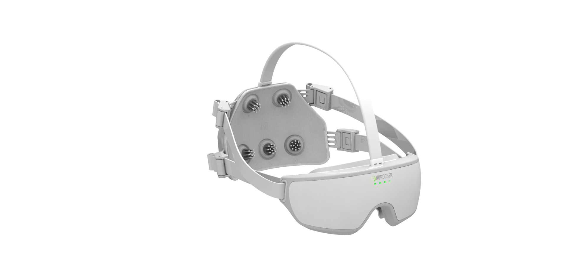 Nurochek-Pro headset — front three-quarter left, showing the occipital electrode pad