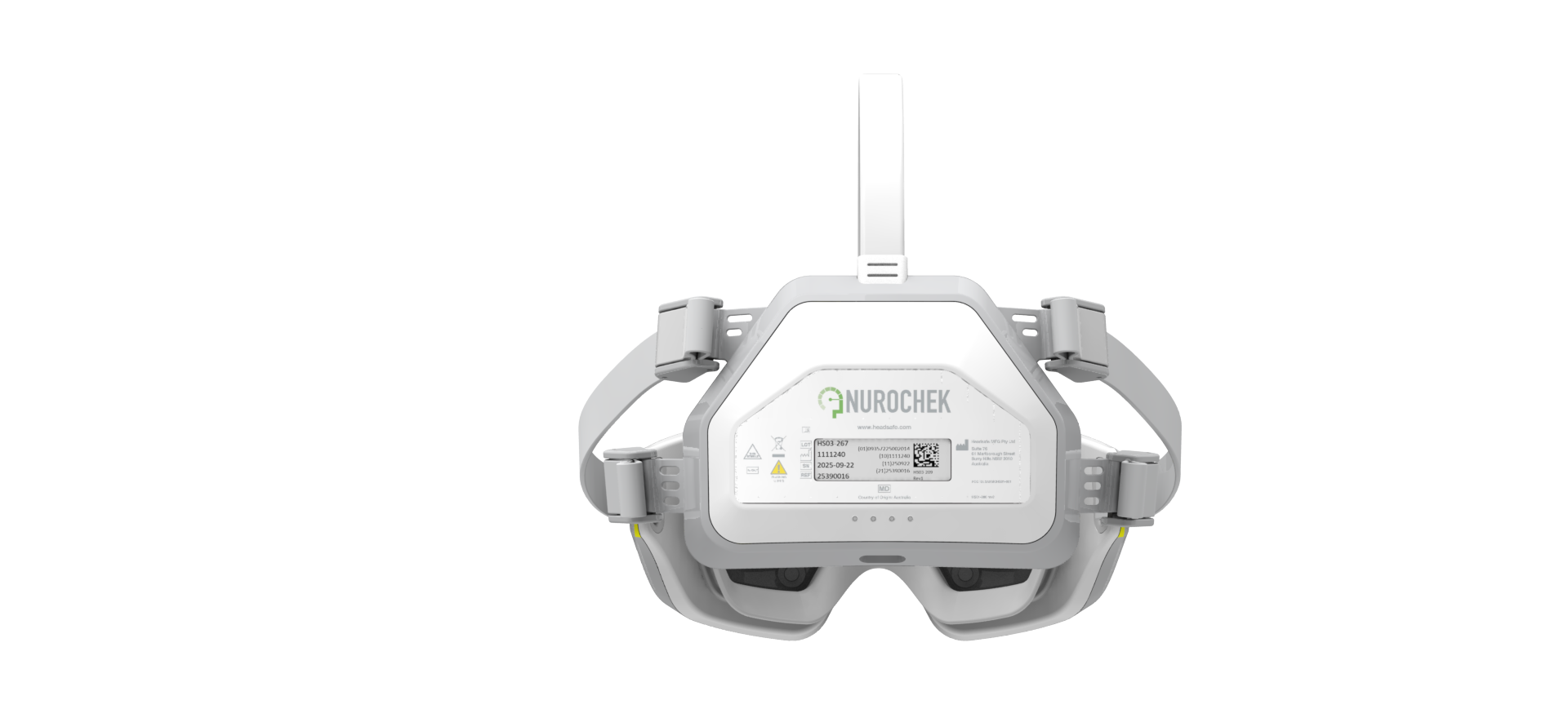 Nurochek-Pro headset — rear view with device label