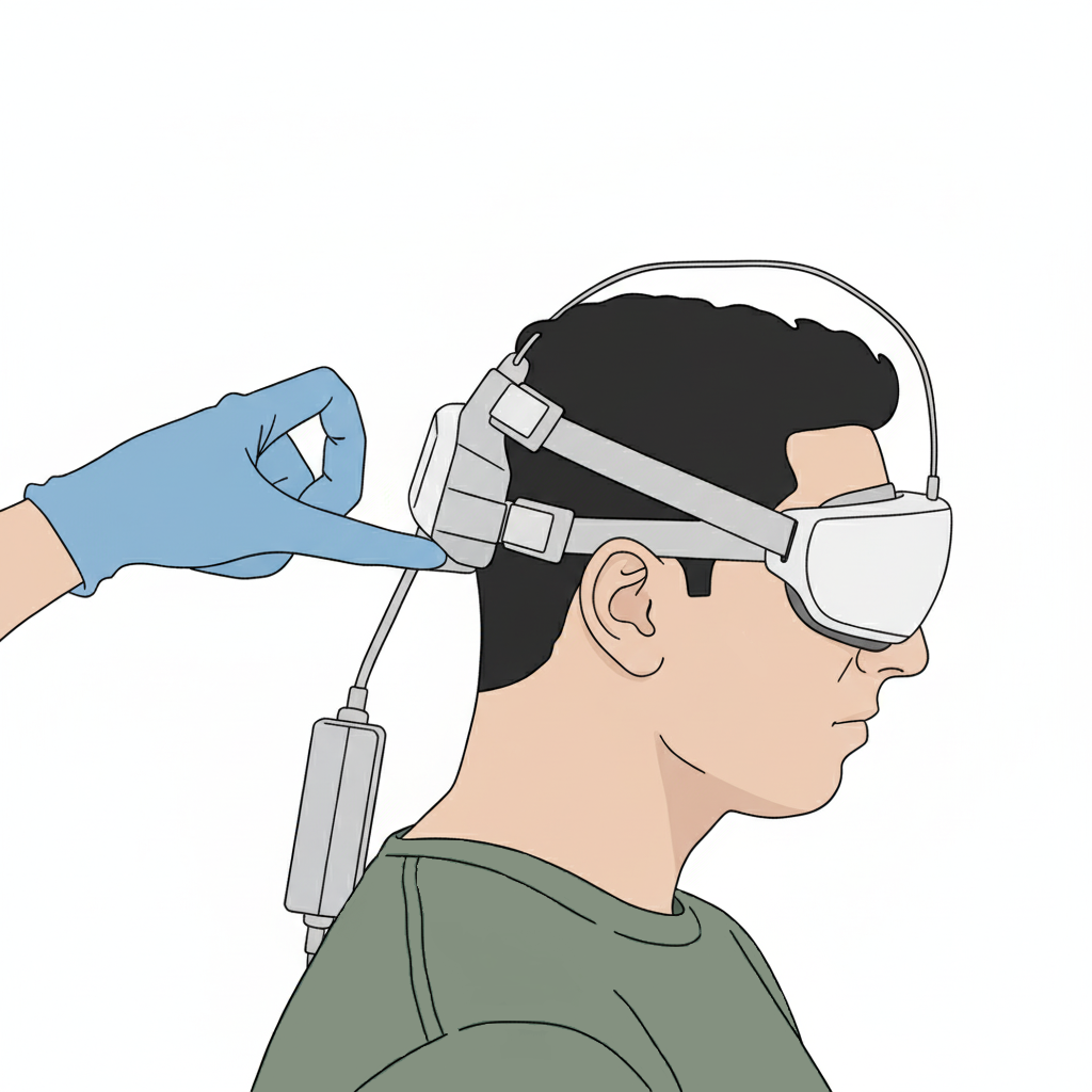 Clinician fitting and securing the Nurochek-Pro headset on a seated subject