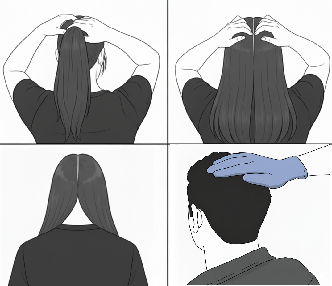 Parting and clearing hair at the back of the head to expose the scalp