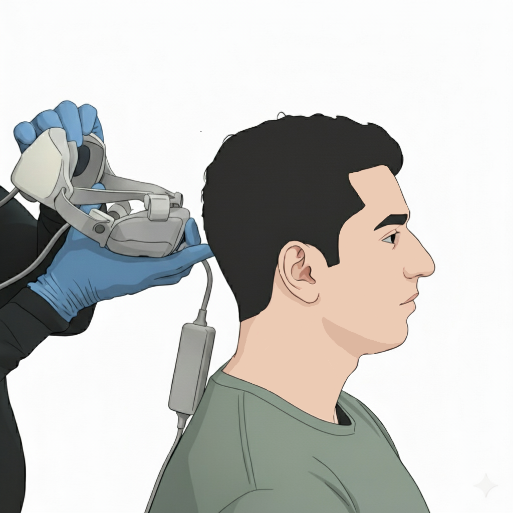 Clinician positioning the occipital electrode pad against the back of the head